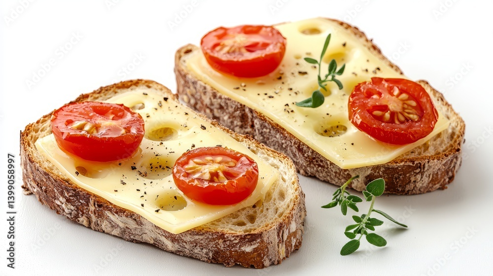 Freshly Baked Bread with Cheese and Cherry Tomatoes Garnished with Herbs