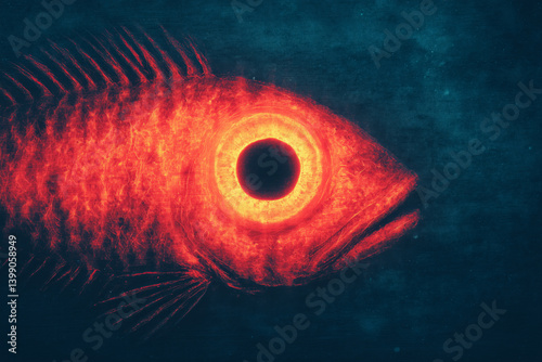 Obraz na płótnie Glowing red fish with exaggerated eye and textured body over dark blue background, symbolizing marine life, mystery and underwater themes w salonie