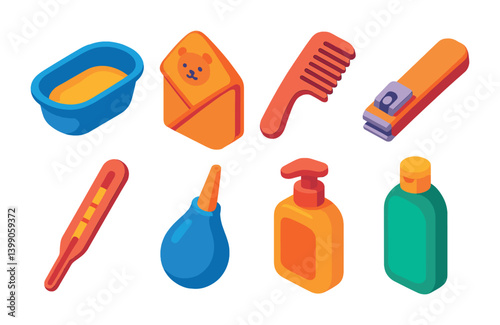 Isometric flat vector set of icons of baby care: baby bath, baby towel, comb, nail clipper, thermometer, nasal aspirator, lotion bottle, shampoo. isolated transparent background.