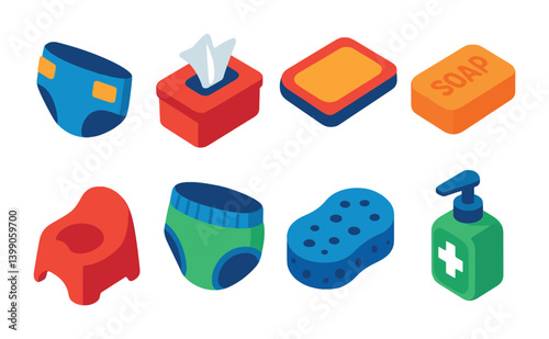 Isometric flat vector set of icons of baby hygiene: clean diaper, baby wipes, changing pad, soap bar, potty, training pants, bath sponge, hand sanitizer. . , icons isolated transparent background.
