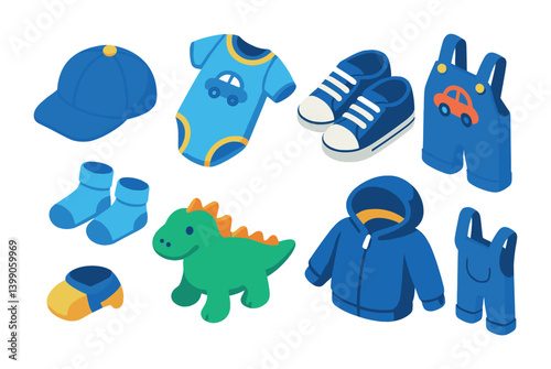 Isometric flat vector set of icons of baby boy items: baseball cap, romper, sneakers, car onesie, blue socks, dinosaur toy, hoodie, overalls. . , icons isolated transparent background.