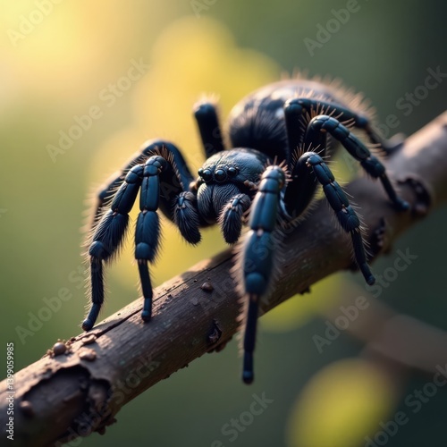 Black wolf spider perched on branch , silhouetted, insect