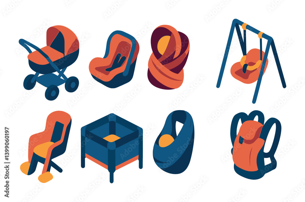 Isometric flat vector set of icons of baby transportation: stroller, baby car seat, carrier wrap, baby swing, bike seat, travel crib, sling, baby backpack. isolated transparent background. Isometric flat vector set of icons of baby transportation: stroller, baby car seat, carrier wrap, baby swing, bike seat, travel crib, sling, baby backpack. isolated transparent background.