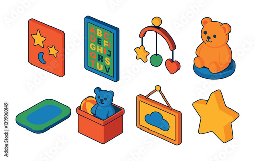 Isometric flat vector set of icons of baby room: crib, dresser, mobile, nightlight, wall art, rocking chair, diaper pail, play mat. isolated transparent background.