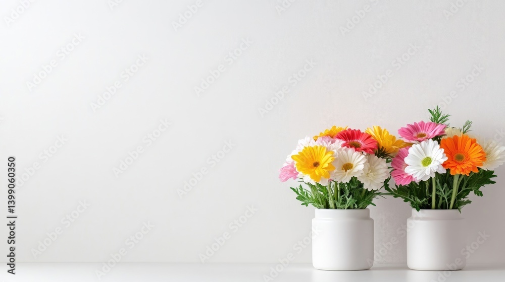 Colorful flowers in simple white vases against a clean white wall