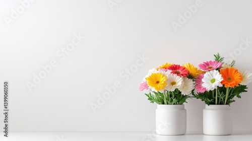 Obraz na płótnie Colorful flowers in simple white vases against a clean white wall w salonie