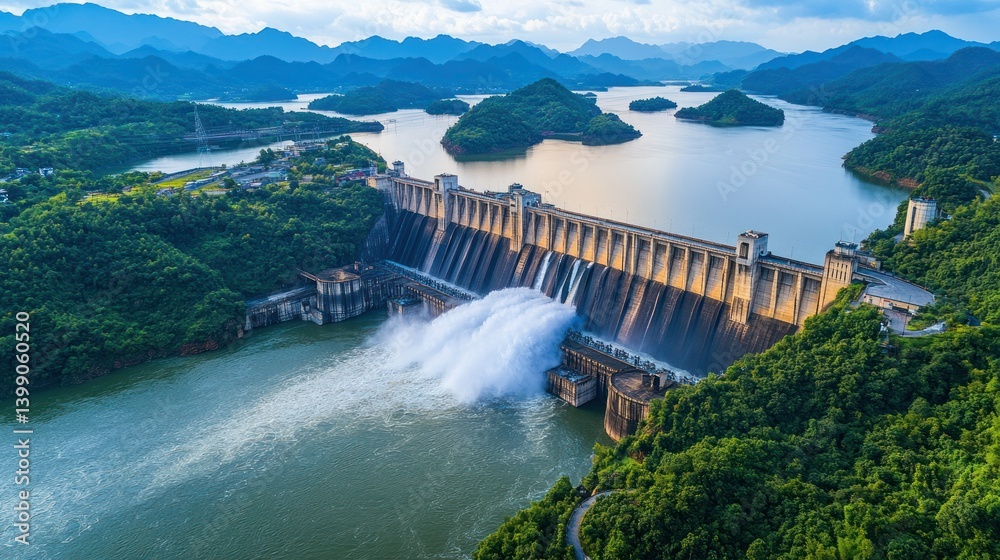 Majestic dam releases water into reservoir, surrounded by lush greenery and mountains. A powerful structure, harnessing nature's energy Majestic dam releases water into reservoir, surrounded by lush greenery and mountains. A powerful structure, harnessing nature's energy