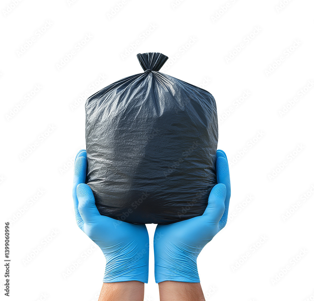Person Holding Black Garbage Bag Isolated on Transparent Background