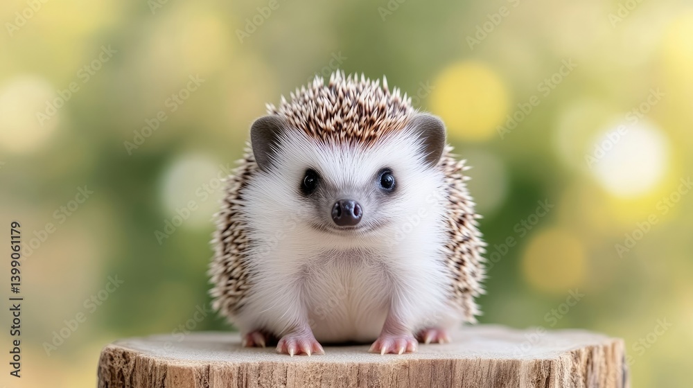 Adorable Hedgehog on Wood Stump, Soft Focus, Natural Lighting, Close-up Front View, Detailed Spines, Posing Calmly, Blurred Garden Backdrop, Gentle Neutral Tones, Perfect for Pet Adoption Ads