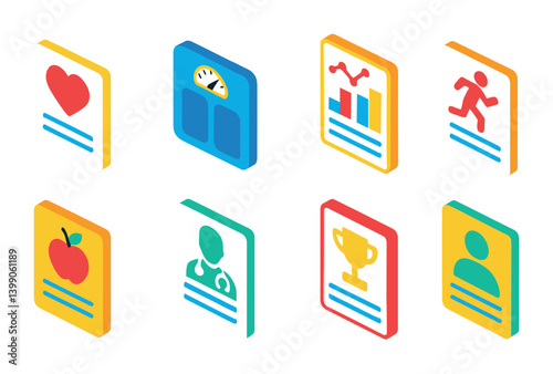 Isometric flat vector set of icons of health profiles: heart icon, weight tracker, health data, exercise log, food diary, doctor notes, fitness goal, profile report. isolated transparent background.