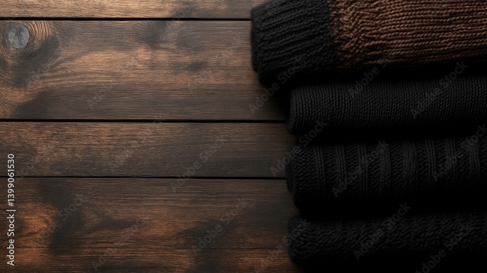 Stacked knitwear on wooden surface