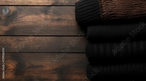 Obraz na płótnie Stacked knitwear on wooden surface w salonie