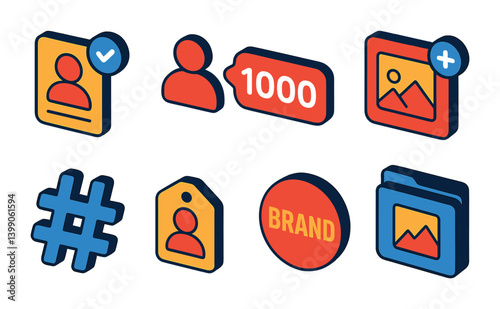 Isometric flat vector set of icons of influencer tools: collaborations, brand tag, sponsored post, media kit, insights, follower stats, engagement tools, affiliate link. isolated transparent
