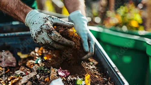 Gloved hands add soil and leaves to a compost bin