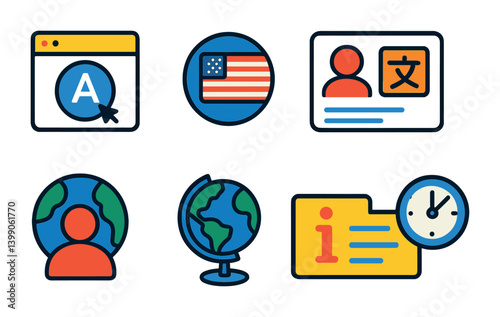 Isometric flat vector set of icons of multilingual profiles: language selector, country flag icon, translate bio, profile language tag, international user, globe icon, localized info, timezone icon.