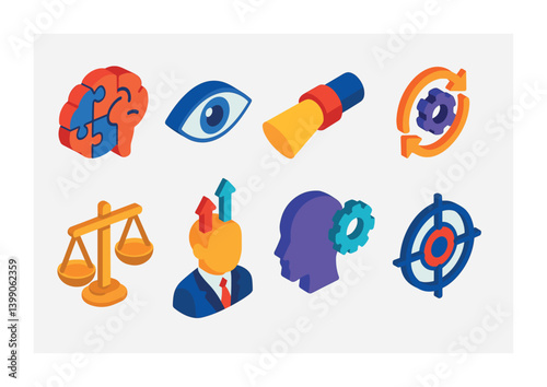 Isometric flat vector set of icons of cognitive processes: logic brain, perception eye, attention beam, memory loop, judgment scale, executive function, mental processing, focus icon. isolated
