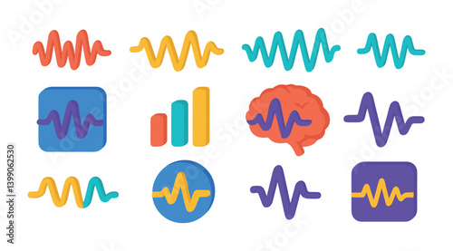 Vibrant neon sound wave and brain activity icons set - futuristic 3d design