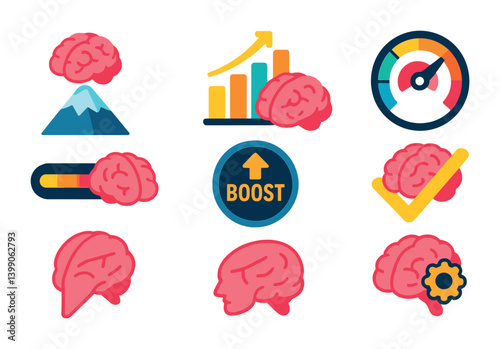 Isometric flat vector set of icons of brain optimization: peak brain, brain chart, speed icon, performance tracker, concentration scale, boost button, sharp mind, habit brain. isolated transparent