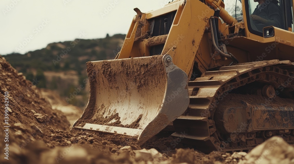 Fototapeta premium A Hispanic construction worker operating a bulldozer to clear land. Featuring control and strength