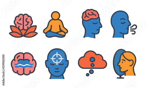 Isometric flat vector set of icons of meditation and brain: calm brain, lotus and brain, peaceful head, brain in balance, mindfulness icon, breath wave, relaxed mind, clarity bubble. isolated