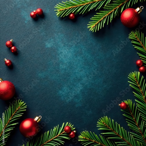 Dark shale background with fir branches and ornaments, evergreen branches, natural elements, dark brown