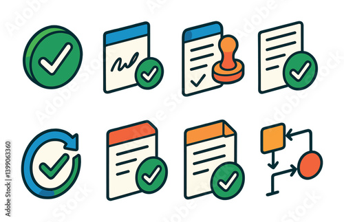 Isometric flat vector set of icons of approval process: approved icon, signature with check, stamped check, document verified, process complete, approval form, contract check, workflow done. isolated