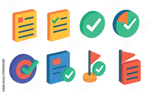 Isometric flat vector set of icons of task completion: task box, check on task, done status, progress complete, goal check, project finish, milestone tick, to-do icon. isolated transparent background