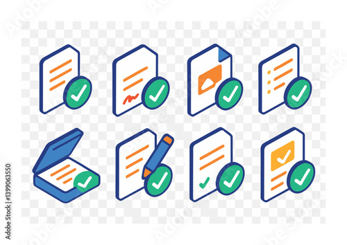 Isometric flat vector set of icons of approval process: approved icon, signature with check, stamped check, document verified, process complete, approval form, contract check, workflow done. isolated