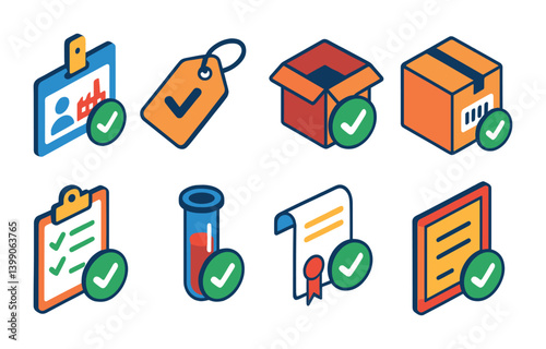 Isometric flat vector set of icons of quality control: QC tag, box checked, passed icon, inspected mark, control list, quality verified, batch check, barcode verified. isolated transparent background