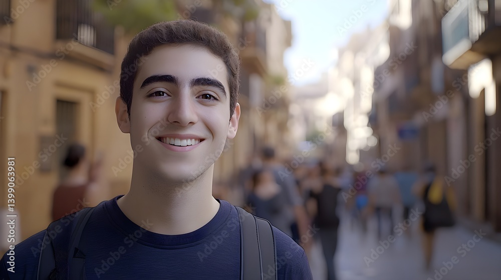 Fototapeta premium Handsome Brunette Young Man Smiling in Casual T-Shirt Selfie