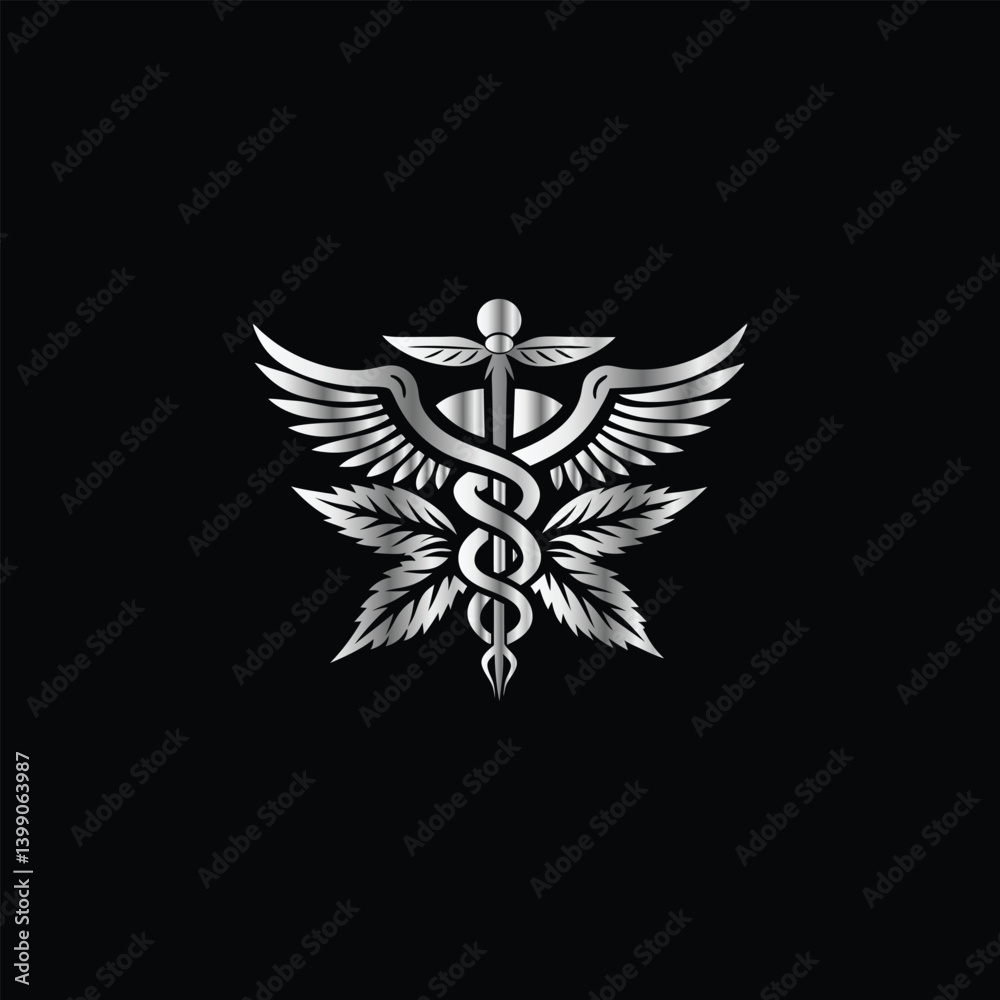 Obraz premium Cannabis leaf vector illustration design template. Marijuana leaf icon. Caduceus Caduceus Medical Emblem. Vector illustration. 