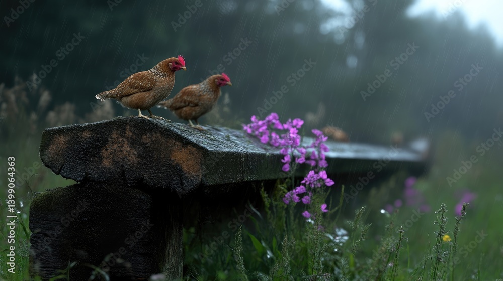 Two brown hens perched on a weathered wooden log in a lush meadow during a light rain. Pink wildflowers add a splash of color to the scene