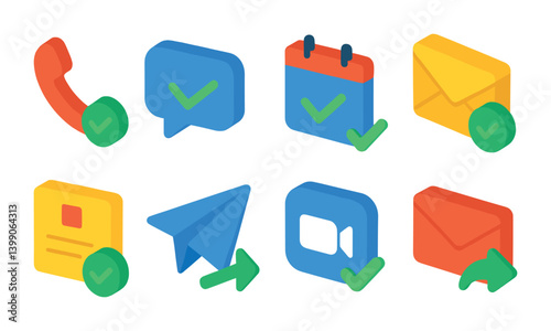 Isometric flat vector set of icons of phone communication: phone call, missed call, voicemail, message, contact book, video call, call log, SMS. isolated transparent background.