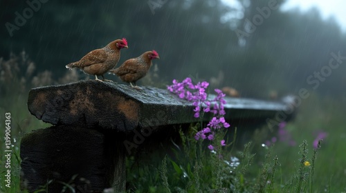 Obraz na płótnie Two brown hens perched on a weathered wooden log in a lush meadow during a light rain. Pink wildflowers add a splash of color to the scene w salonie