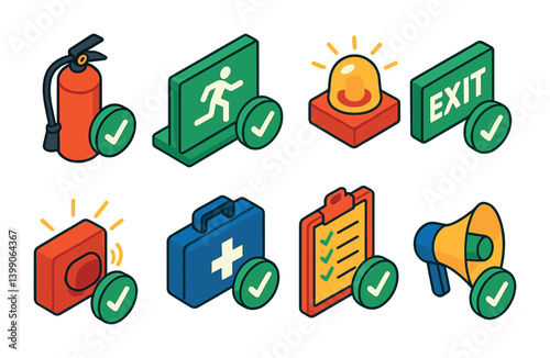 Isometric flat vector set of icons of home safety: smoke detector, fire extinguisher, first aid kit, carbon monoxide alarm, security system, emergency light, lock, alarm button. isolated transparent