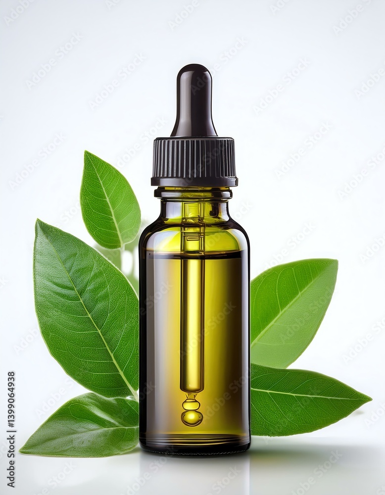 Transparent dropper bottle with essential oil and fresh leaves on white background. Transparent dropper bottle with essential oil and fresh leaves on white background.
