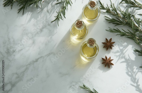 Essential oil bottles with rosemary and anise photo