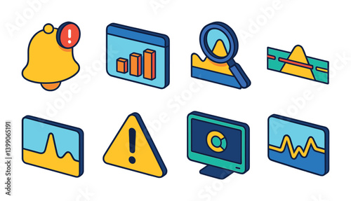 Isometric flat vector set of icons of data monitoring: alert bell, log chart, anomaly detection, threshold, spike icon, warning triangle, system status, real-time graph. isolated transparent