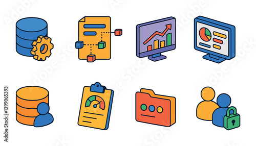 Isometric flat vector set of icons of enterprise data: ERP database, master data, business intelligence, internal dashboard, CRM data, KPI department data, team access. isolated transparent