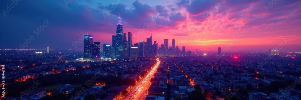 Fototapeta premium Colorful cityscape at dusk with skyscrapers and vibrant streetlights, city lights, multicolor background, sunset