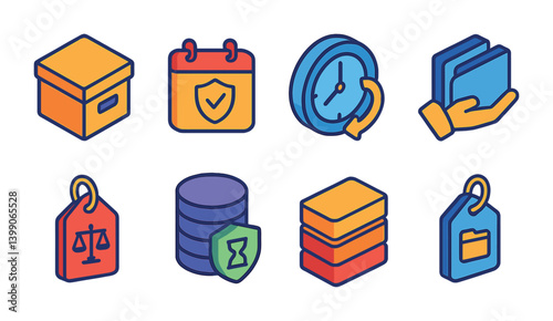 Isometric flat vector set of icons of data retention: archive box, policy calendar, retention clock, file hold, legal data tag, long-term storage, retention tier, archive tag. isolated transparent