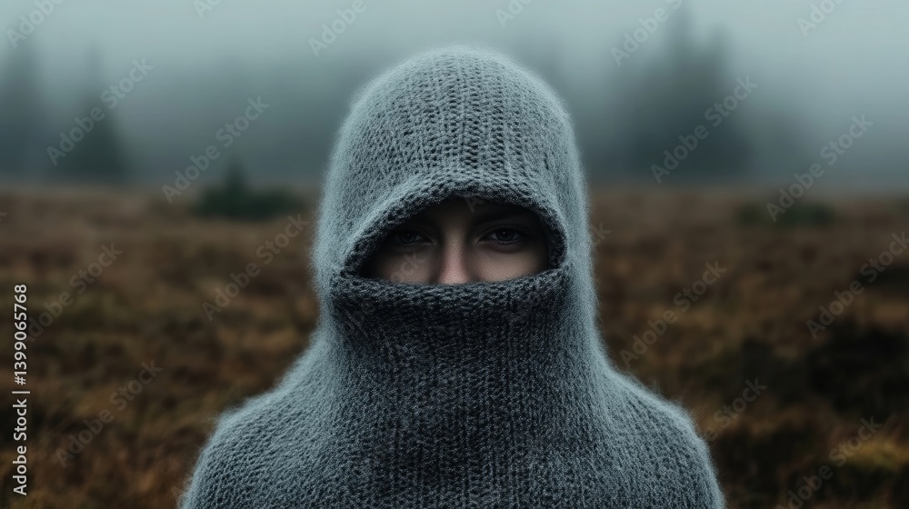 A person shrouded in a large knitted hood in a misty landscape