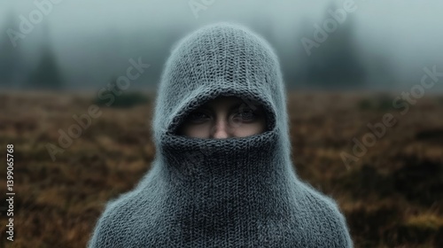 Obraz na płótnie A person shrouded in a large knitted hood in a misty landscape w salonie
