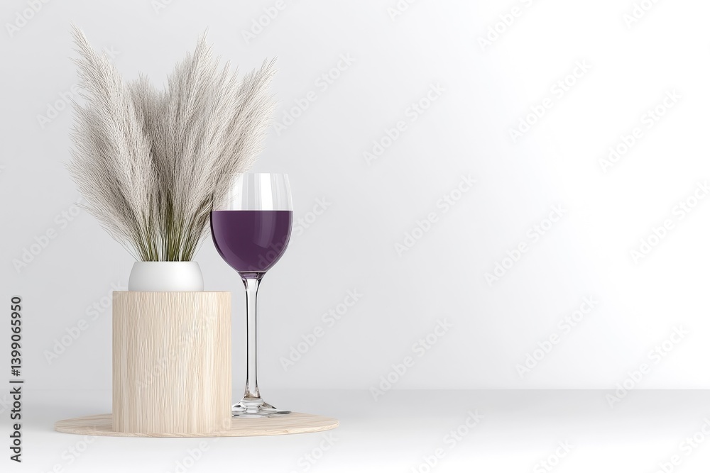 Modern minimalist scene with wine glass and pampas grass