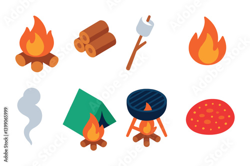 Isometric flat vector set of icons of campfire elements: bonfire, log stack, marshmallow stick, campfire flames, tent with fire, smoke trail, grill over fire, ember glow. isolated transparent