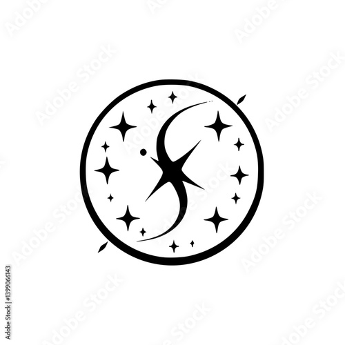 Cosmic Bird & Stars Emblem: Minimalist Black & White Design for Logos and Branding