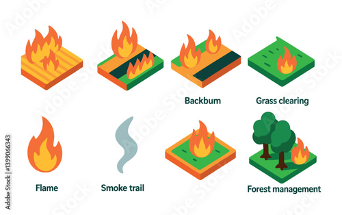 Isometric flat vector set of icons of controlled burns: agricultural fire, firebreak, backburning, grass clearing, flame, smoke trail, controlled zone, forest management icon. isolated transparent