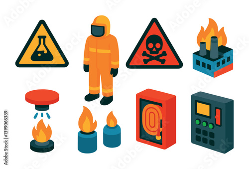 Isometric flat vector set of icons of industrial fire safety: chemical warning, fireproof suit, hazard icon, factory flames, sprinkler system, gas fire, extinguisher box, control panel. isolated