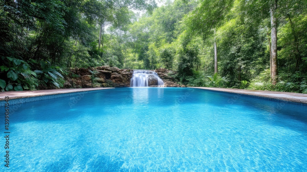 Swimming Pool Waterfall Feature Lush Tropical Style High Definition Bright Lighting Wide Angle View Serene Water Texture Relaxation Paradise Setting Vibrant Aqua Tones Luxury Resort Marketing