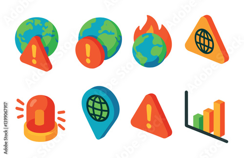 Isometric flat vector set of icons of global warnings: danger globe, climate alert, fire globe, warning triangle world, crisis icon, emergency signal, alert pin, risk chart. isolated transparent